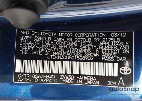 2012 Toyota Prius Two from USA, damaged, VIN JTDKN3DU5C1528902